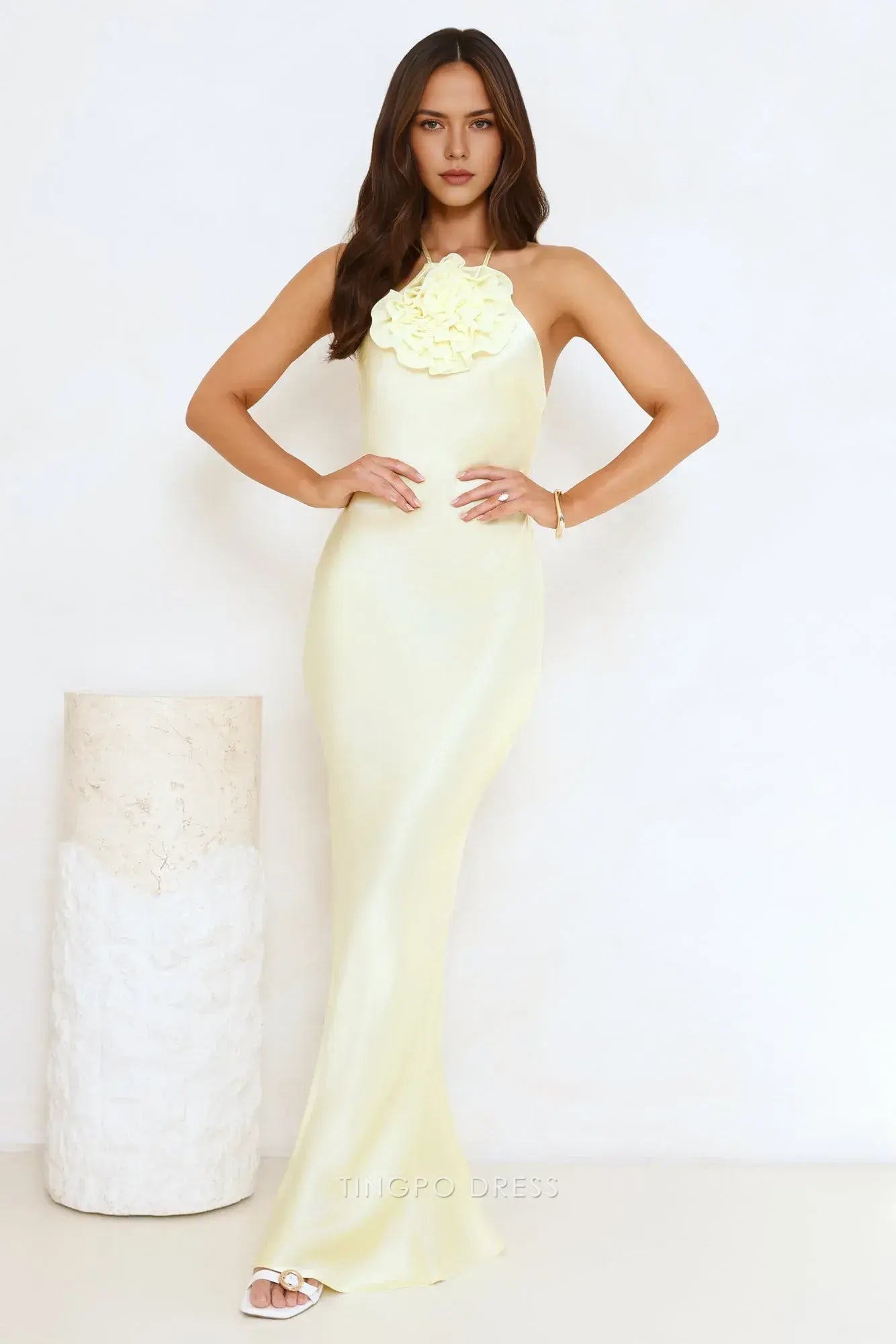 Elegant Yellow Halter Neck Maxi Dress with Floral Detail and Open Back Prom Dress